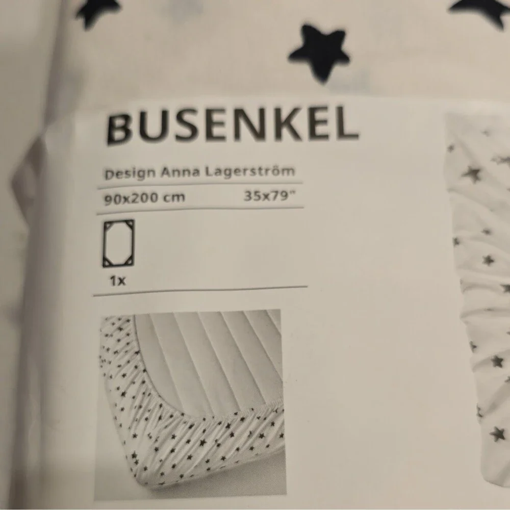 IKEA BUSENKEL Fitted Sheet 90x200 cm White/Black Star Print 100% Cotton